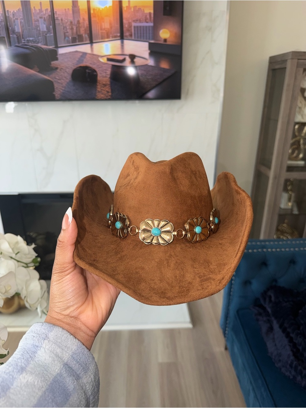 NWT- Fashion Nova Brown Suede Cowboy Hat with Turquoise Concho Chain